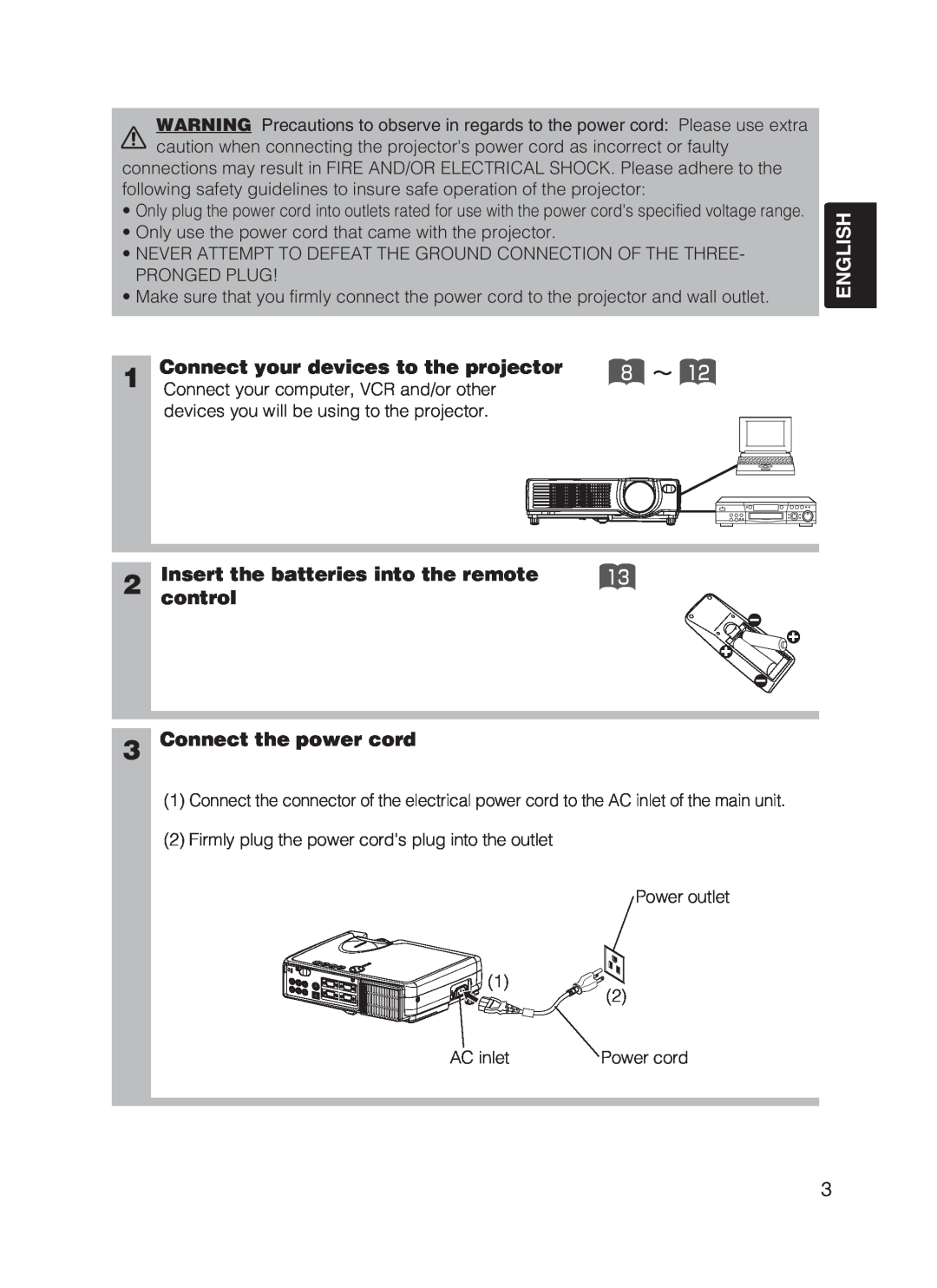 Dukane 8755B user manual English, Connect your devices to the projector, Insert the batteries into the remote, control 