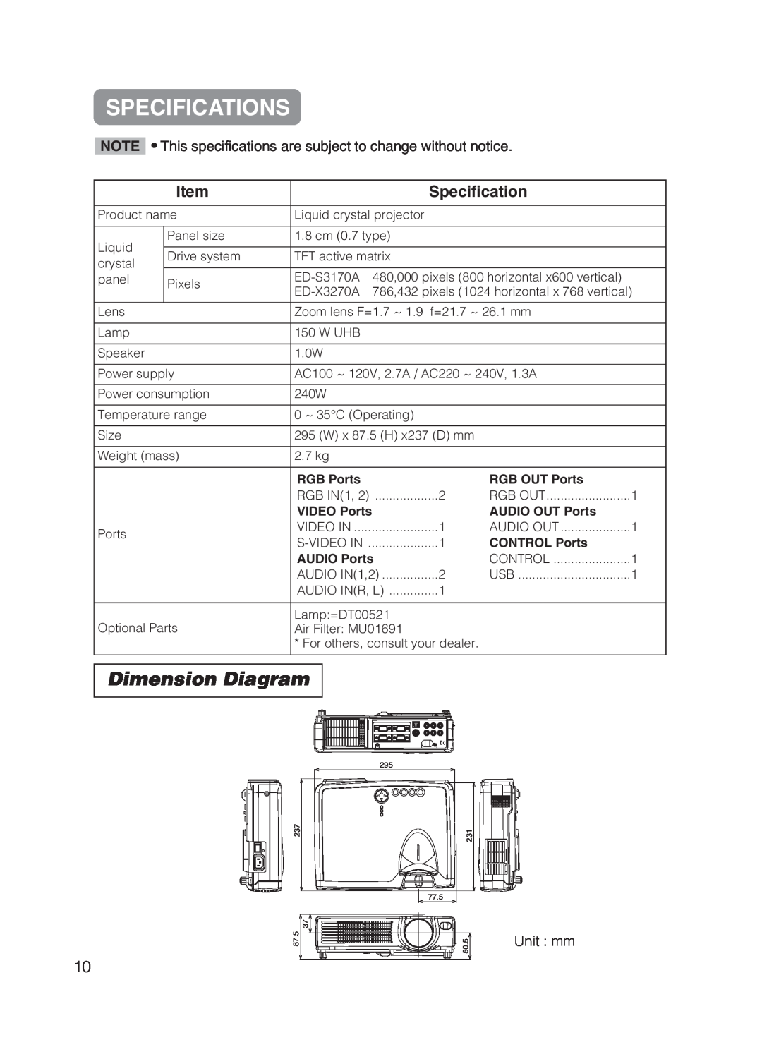 Dukane 8755B user manual Specifications, Dimension Diagram 