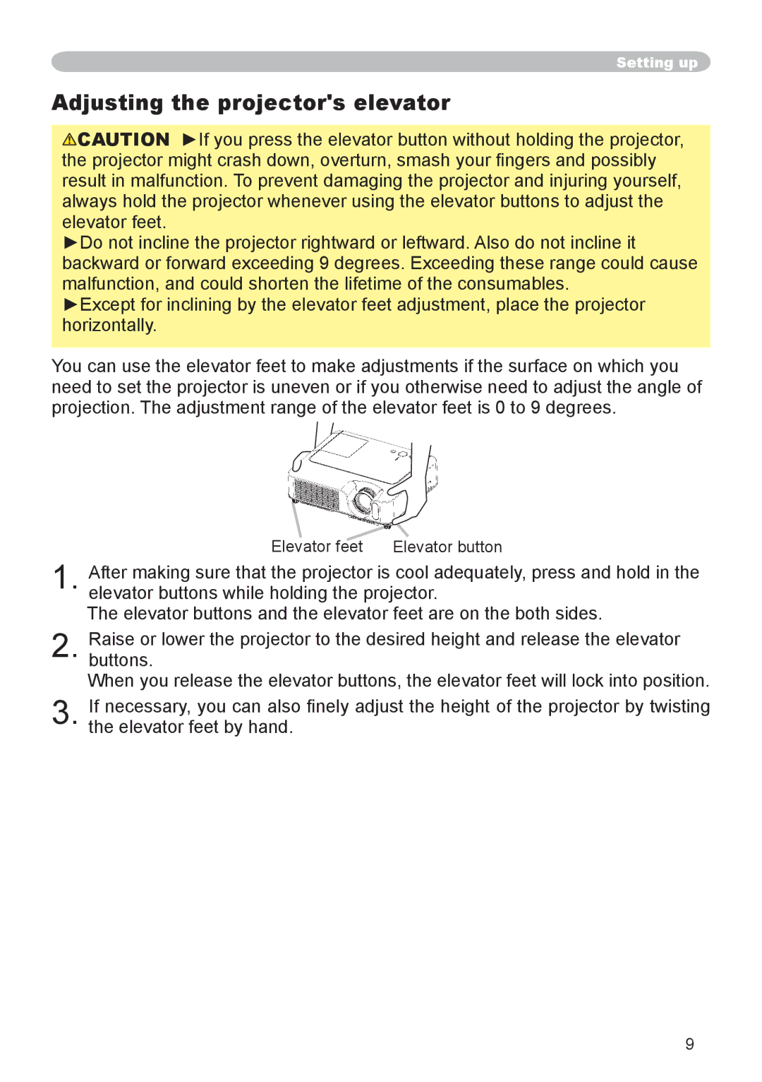 Dukane 8065, 8755D-RJ user manual Adjusting the projectors elevator, Elevator feet Elevator button 