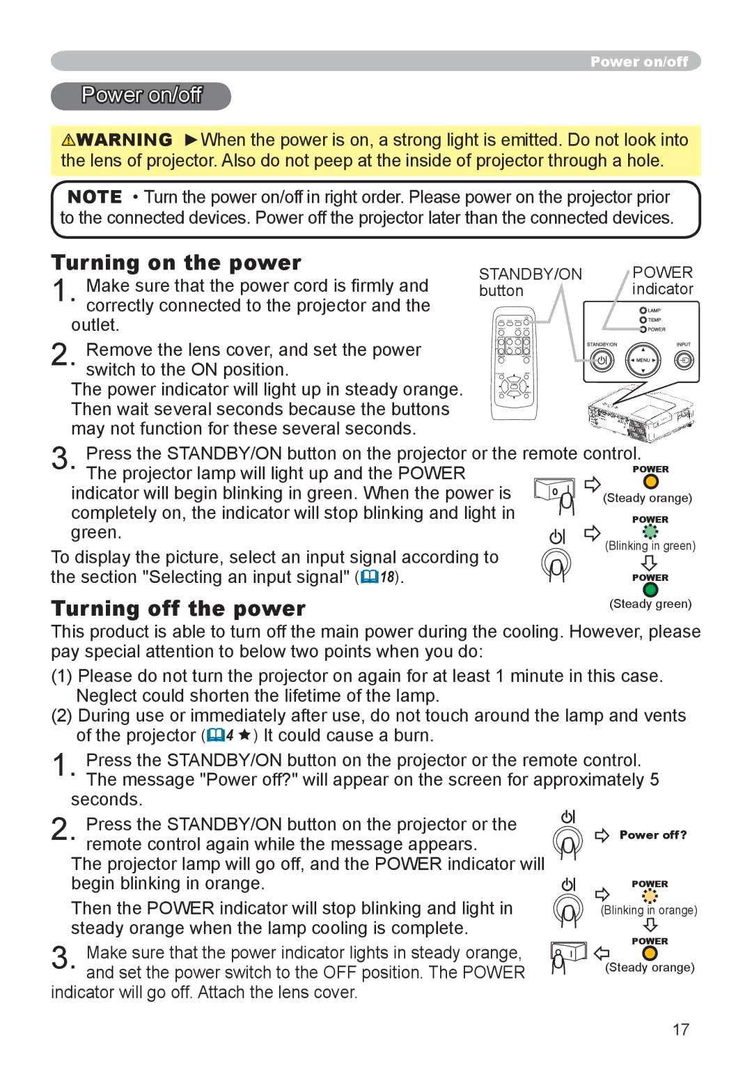 Dukane 8755D-RJ Power on/off, Turning on the power, Turning off the power, Indicator will go off. Attach the lens cover 