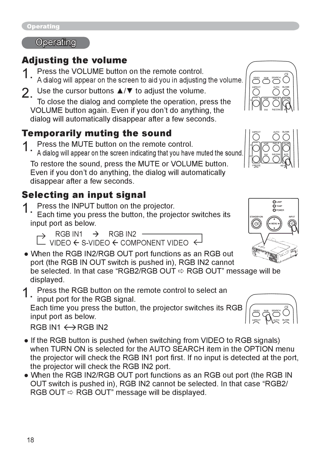 Dukane 8065, 8755D-RJ Operating, Adjusting the volume, Temporarily muting the sound, Selecting an input signal 