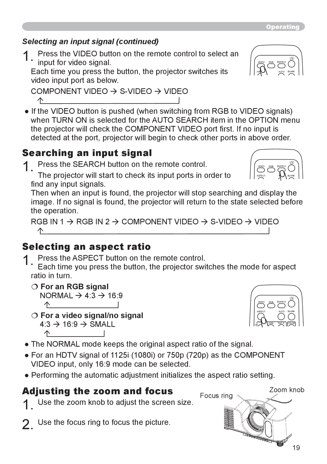 Dukane 8755D Searching an input signal, Selecting an aspect ratio, Adjusting the zoom and focus, Selecting an input signal 