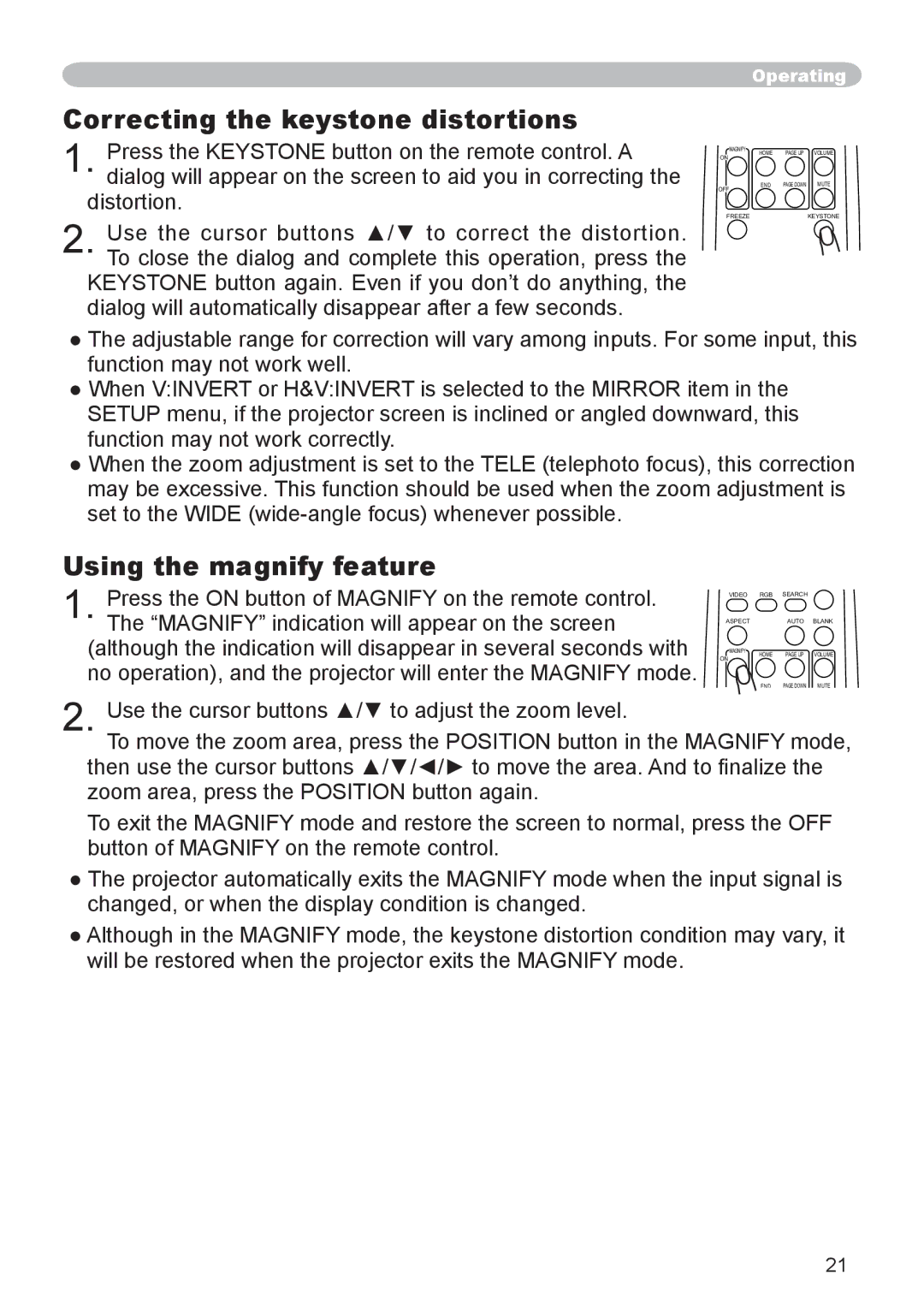 Dukane 8065, 8755D-RJ user manual Correcting the keystone distortions, Using the magnify feature 