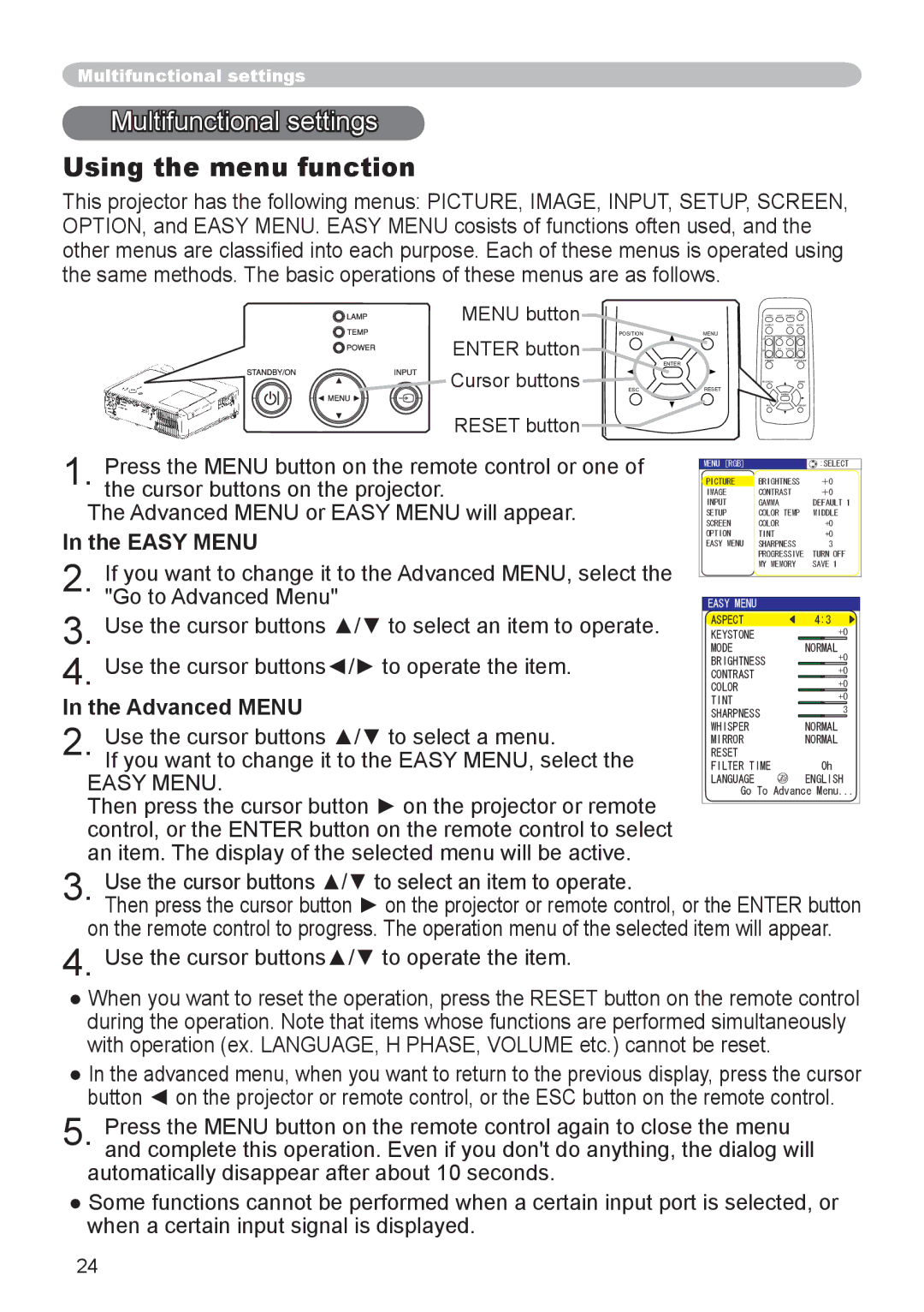 Dukane 8065, 8755D-RJ user manual Multifunctional settings, Using the menu function, Easy Menu, Advanced Menu 