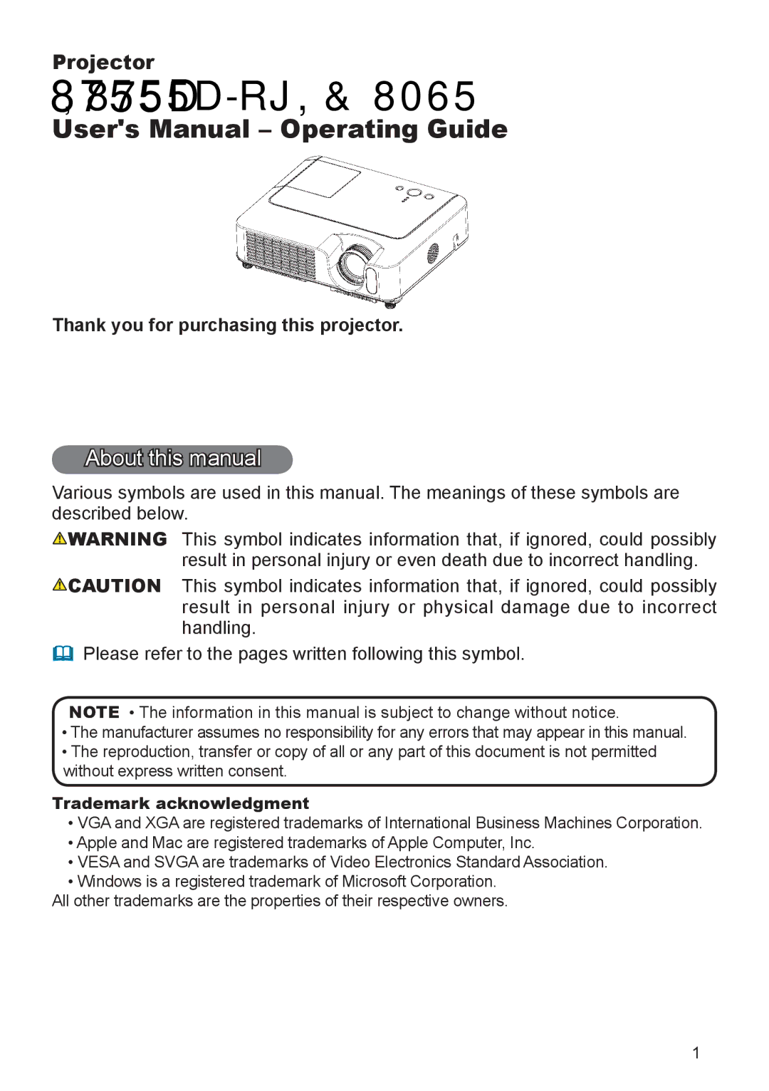 Dukane 8755D-RJ, 8065 user manual About this manual, Thank you for purchasing this projector, Trademark acknowledgment 