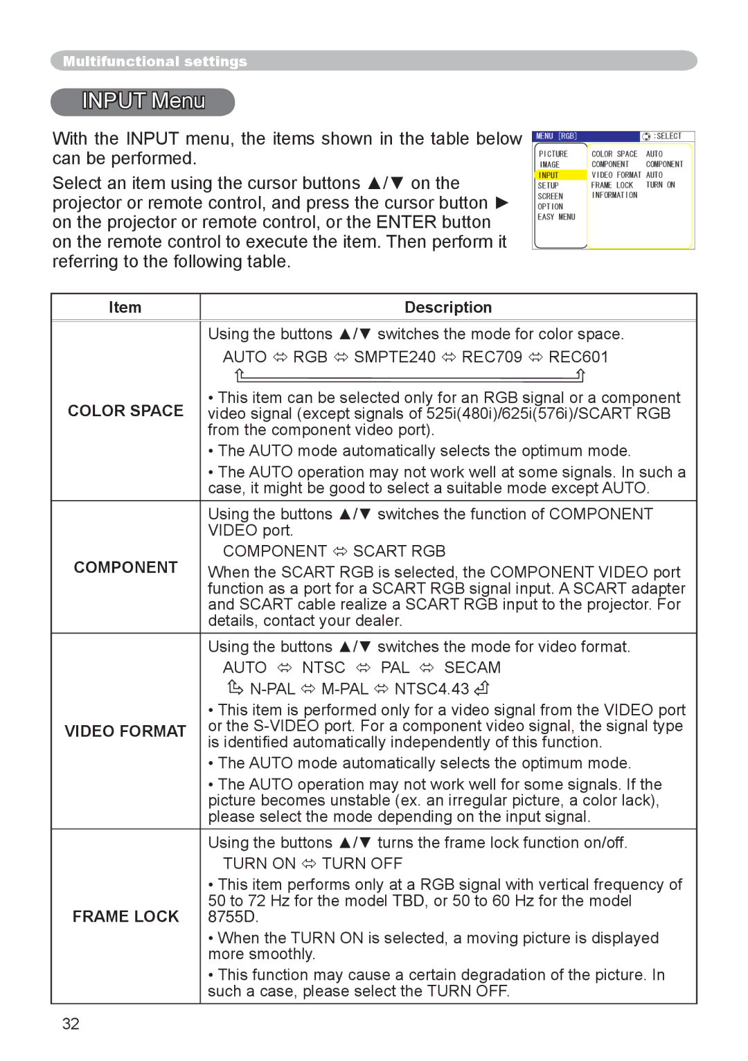 Dukane 8755D-RJ, 8065 user manual Input Menu, Color Space, Video Format, Frame Lock 