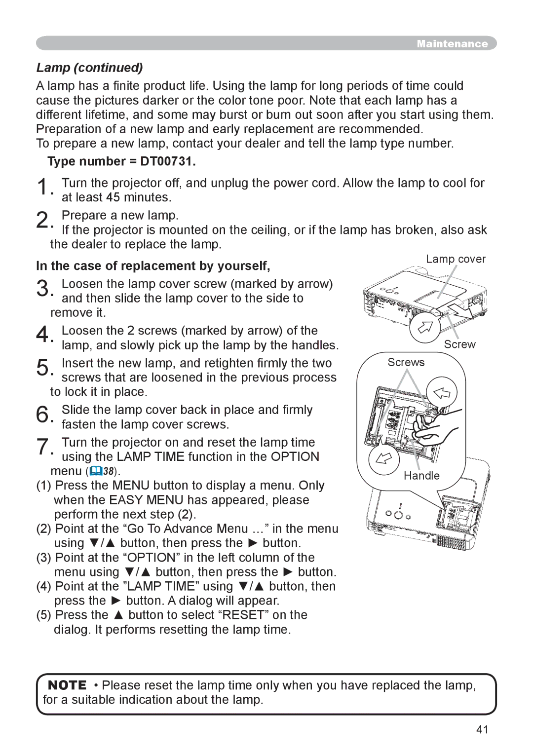 Dukane 8755D-RJ, 8065 user manual Type number = DT00731, Case of replacement by yourself, Lamp cover Screw Screws Handle 