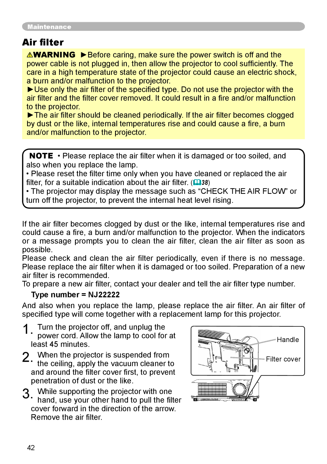 Dukane 8065, 8755D-RJ user manual Air ﬁlter, Type number = NJ22222, Handle Filter cover 