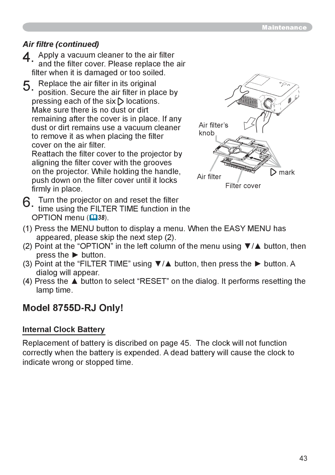 Dukane 8065 user manual Model 8755D-RJ Only, Air ﬁltre, Internal Clock Battery, Air ﬁlter’s knob 