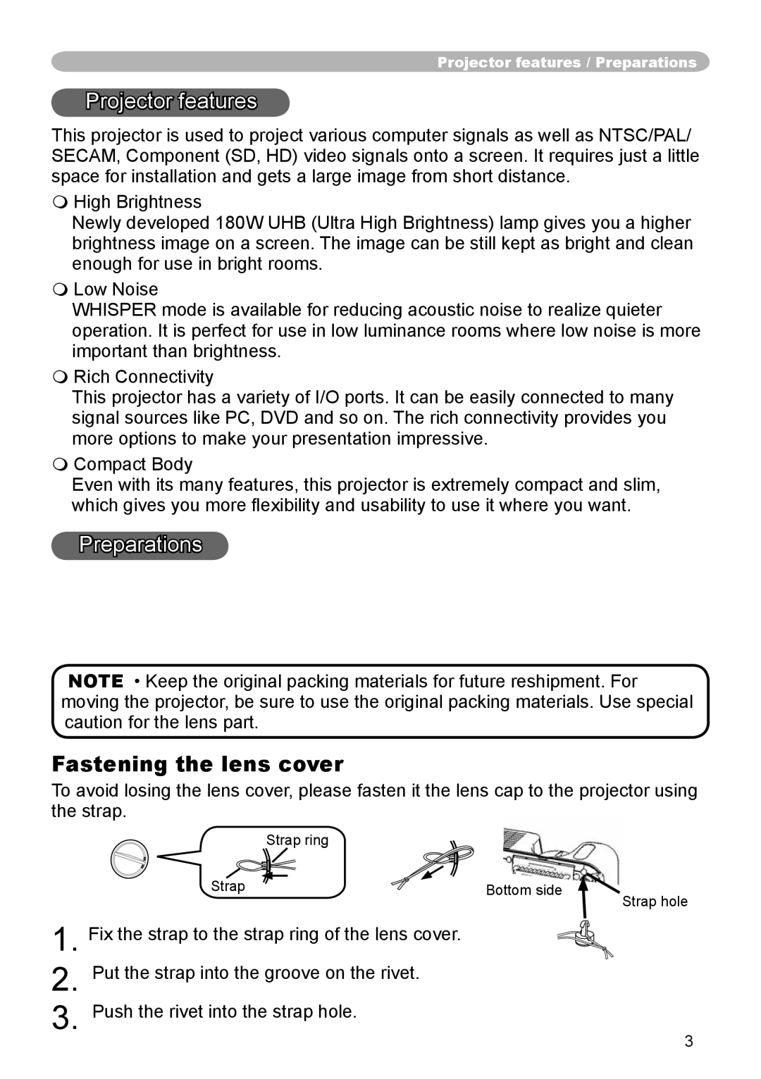 Dukane 8065, 8755D-RJ user manual About contents of package Fastening the lens cover 