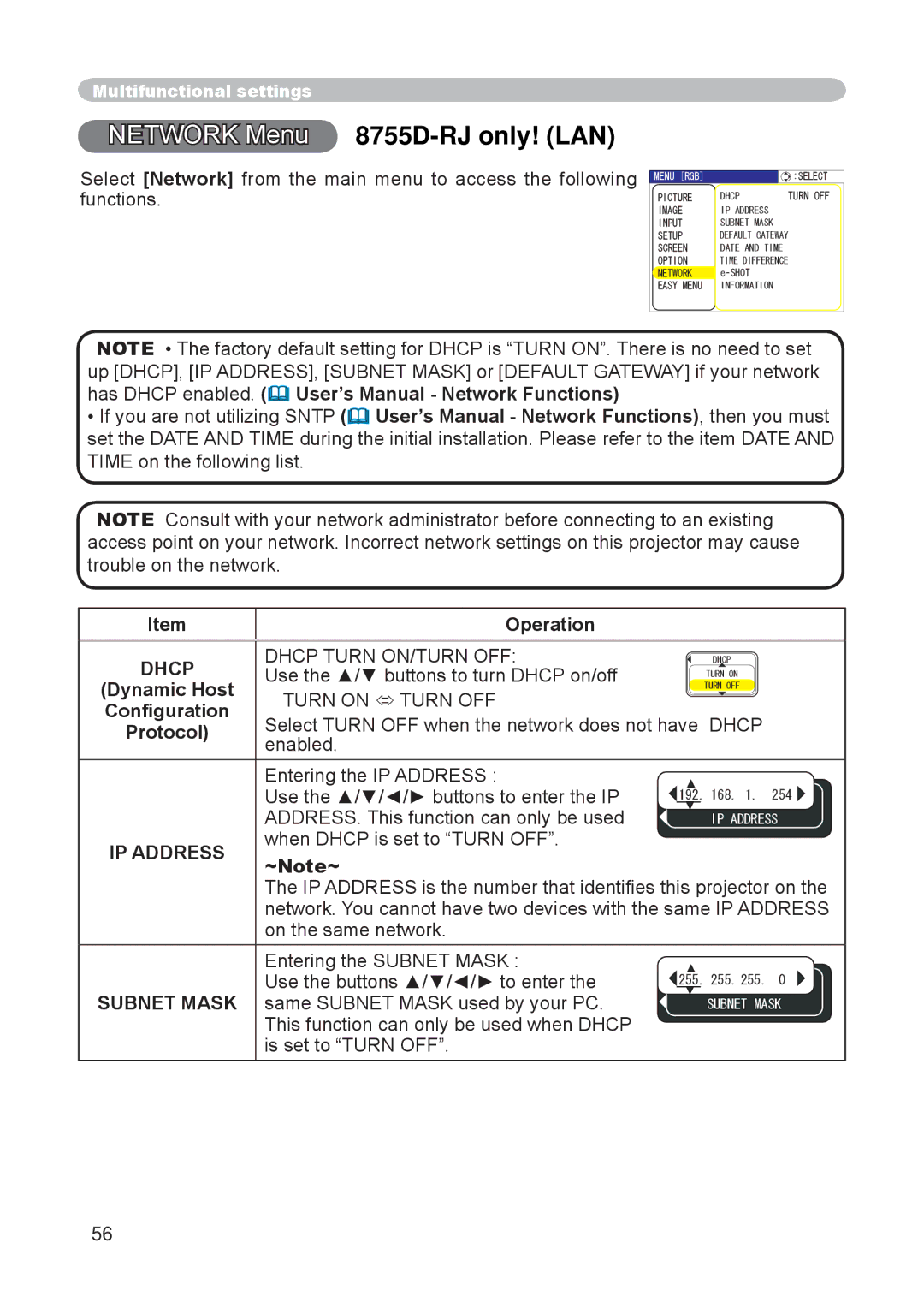 Dukane 8065 user manual Network Menu 8755D-RJ only! LAN, Dhcp, IP Address 