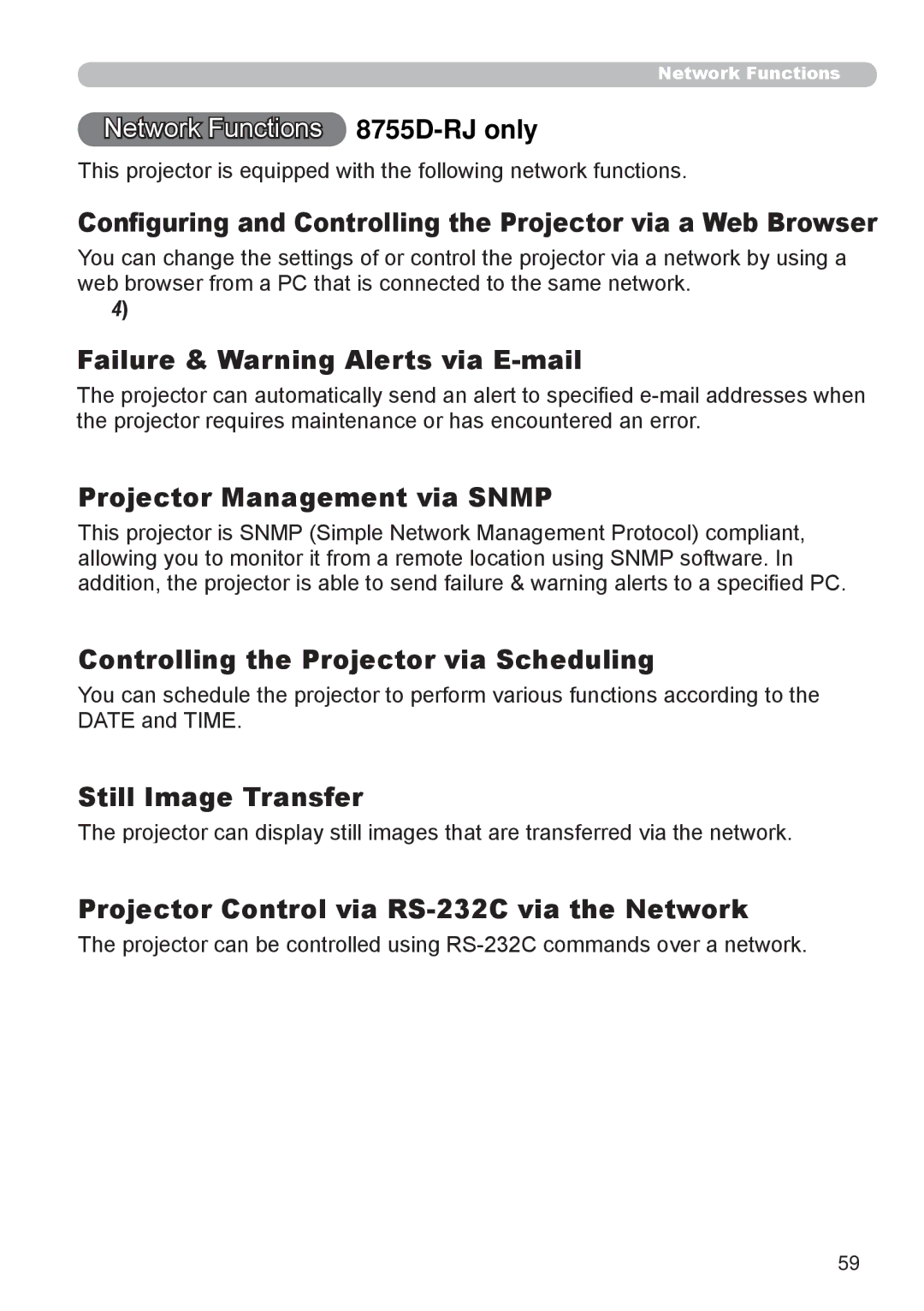 Dukane 8755D-RJ, 8065 user manual Failure & Warning Alerts via E-mail, Projector Management via Snmp, Still Image Transfer 