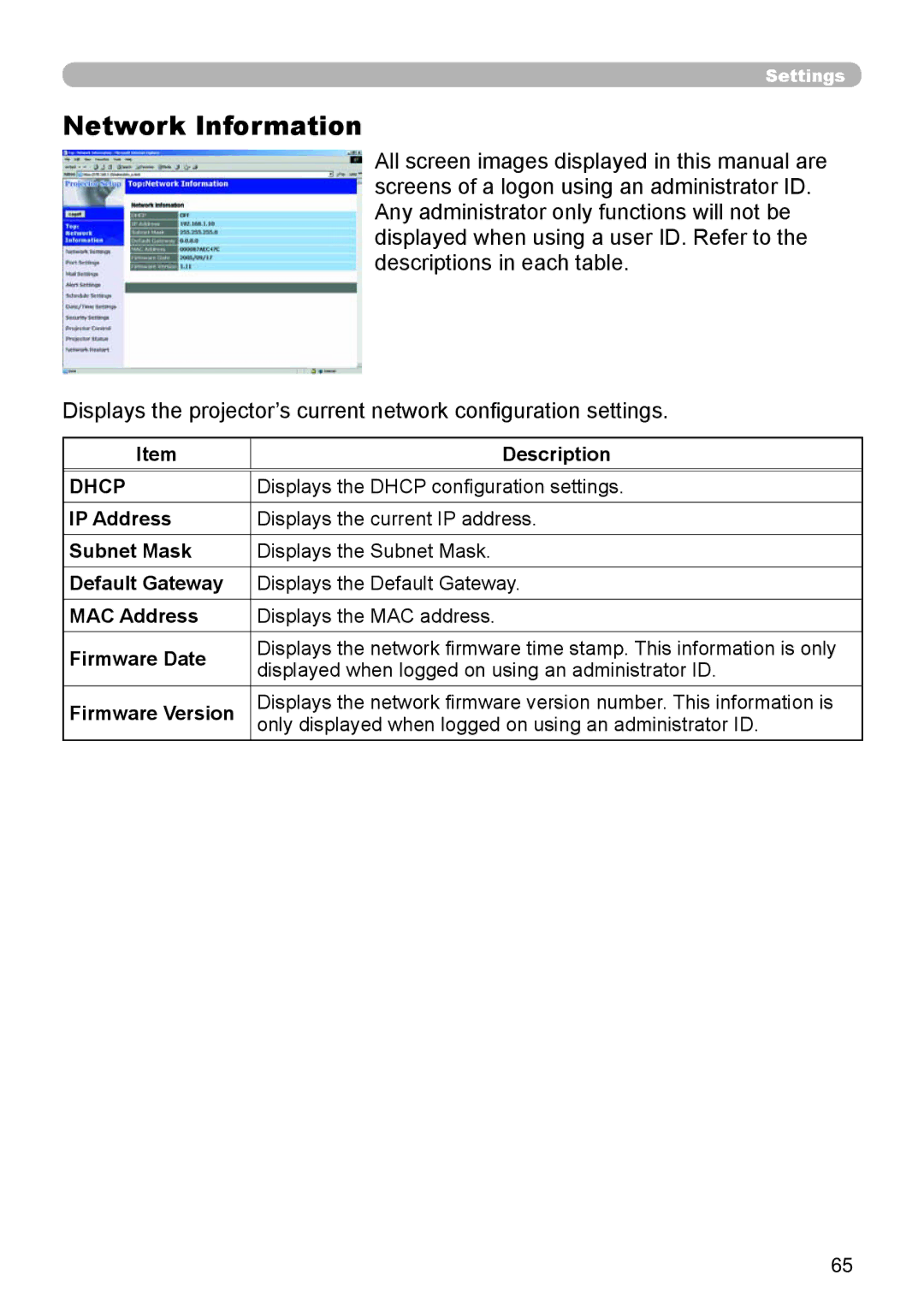 Dukane 8755D-RJ, 8065 user manual Network Information, Displays the Dhcp conﬁguration settings 