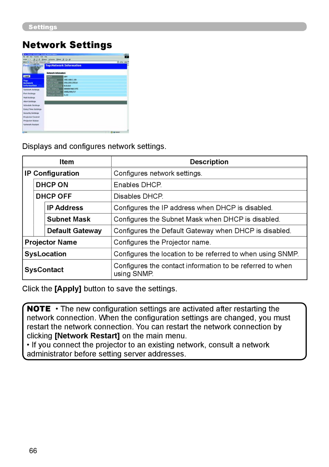 Dukane 8065, 8755D-RJ user manual Network Settings, Displays and conﬁgures network settings, Dhcp on, Dhcp OFF 