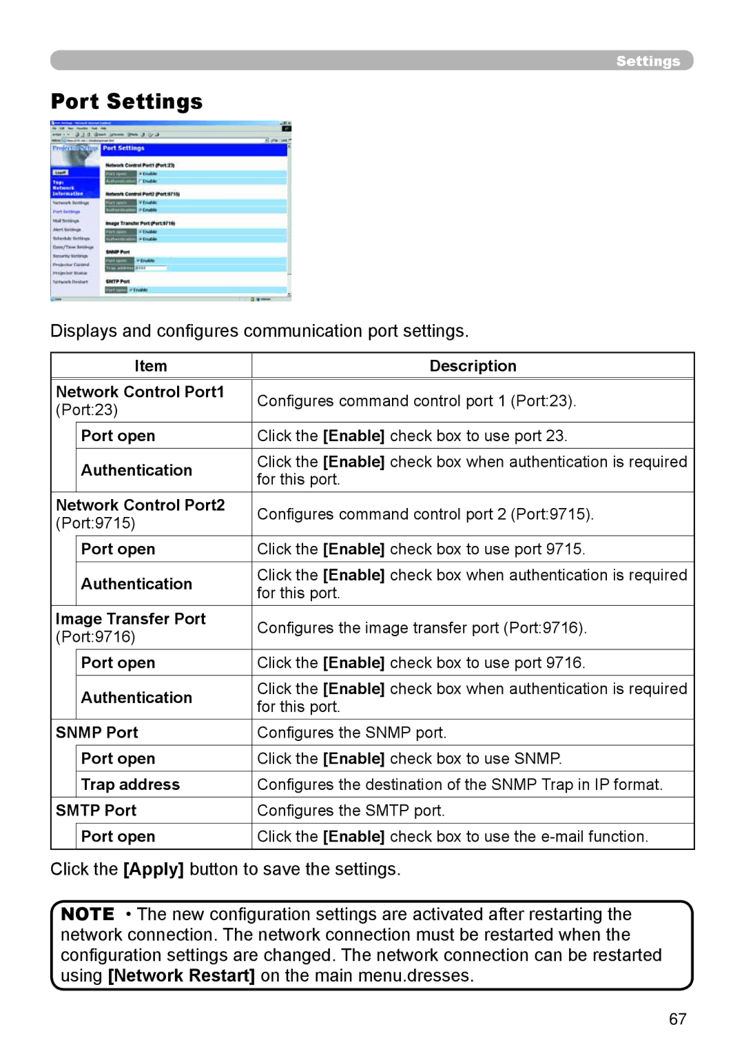 Dukane 8755D-RJ, 8065 user manual Port Settings, Displays and conﬁgures communication port settings 