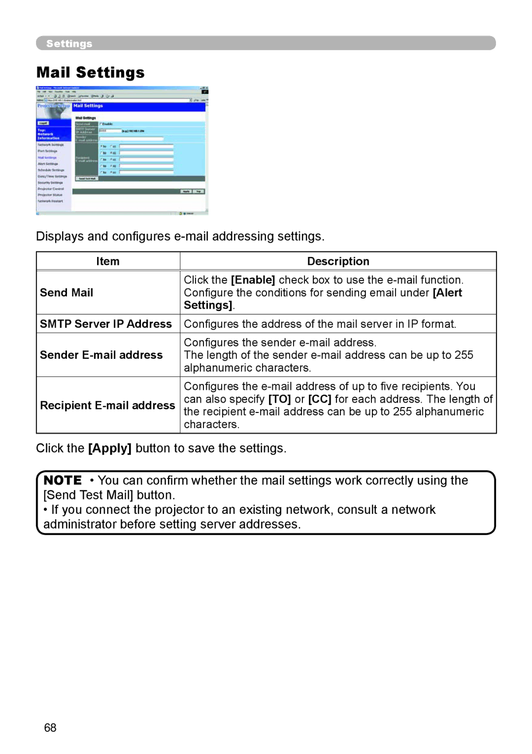 Dukane 8755D-RJ, 8065 user manual Mail Settings, Displays and conﬁgures e-mail addressing settings 