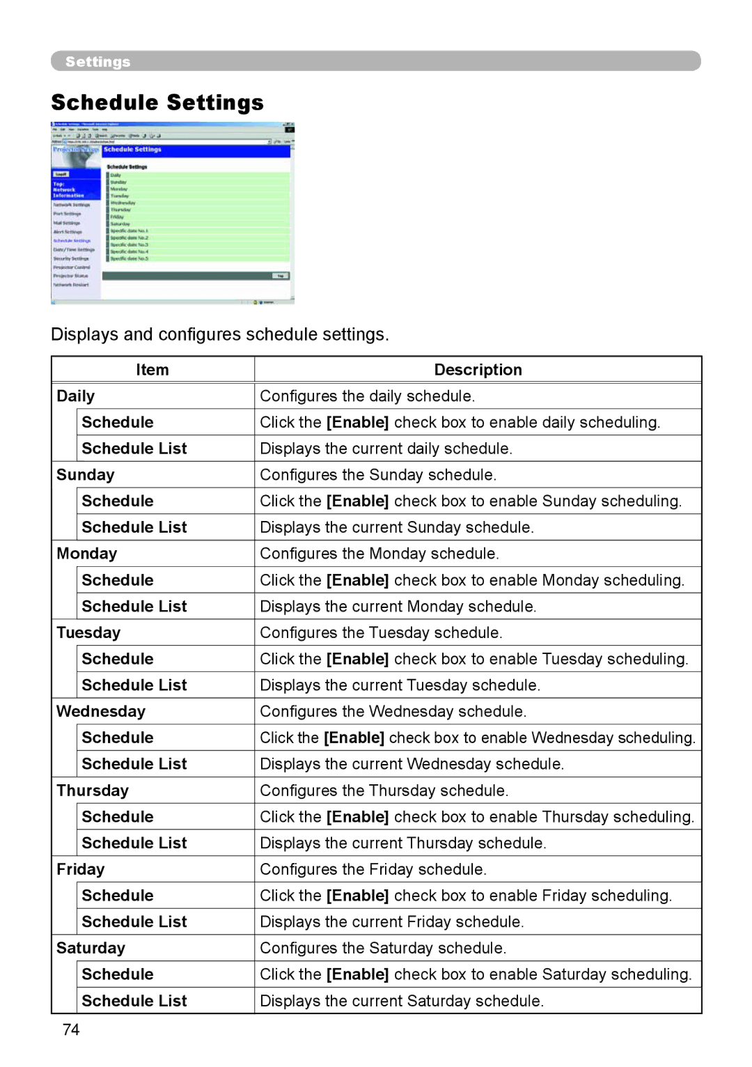 Dukane 8755D-RJ, 8065 user manual Schedule Settings, Displays and conﬁgures schedule settings 