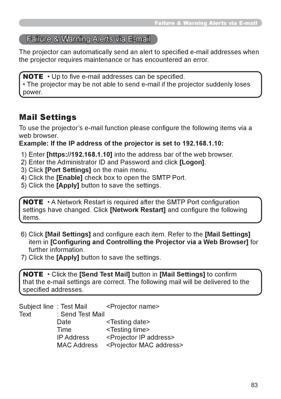 Dukane 8755D-RJ, 8065 Failure & Warning Alerts via E -mail, 10, Example If the IP address of the projector is set to 