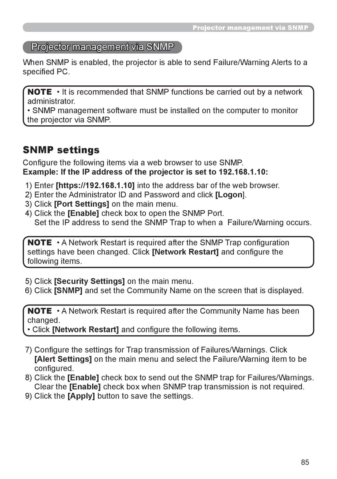 Dukane 8755D Projector management via Snmp, Snmp settings, Conﬁgure the following items via a web browser to use Snmp 