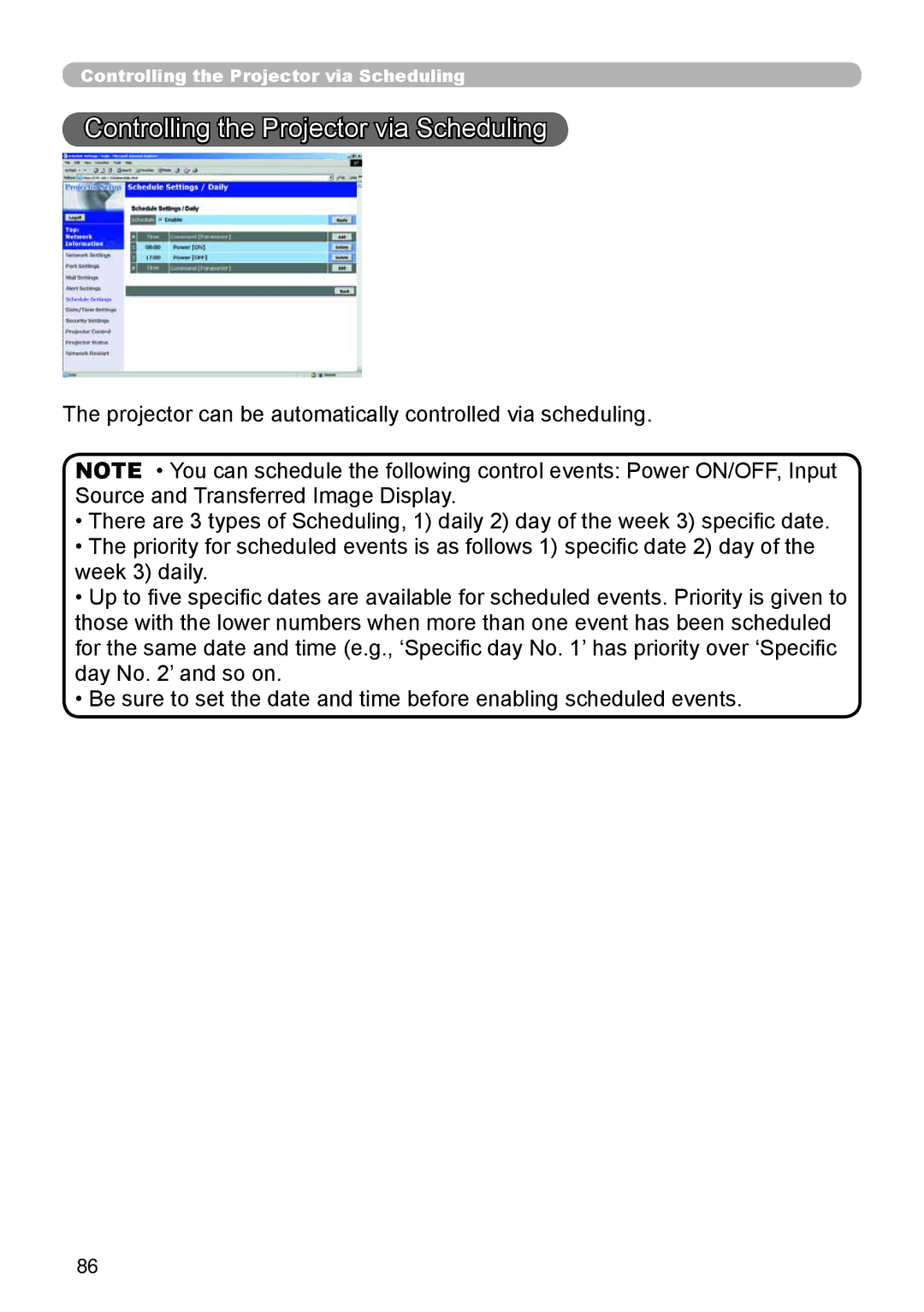 Dukane 8755D-RJ, 8065 user manual Controlling the Projector via Scheduling 