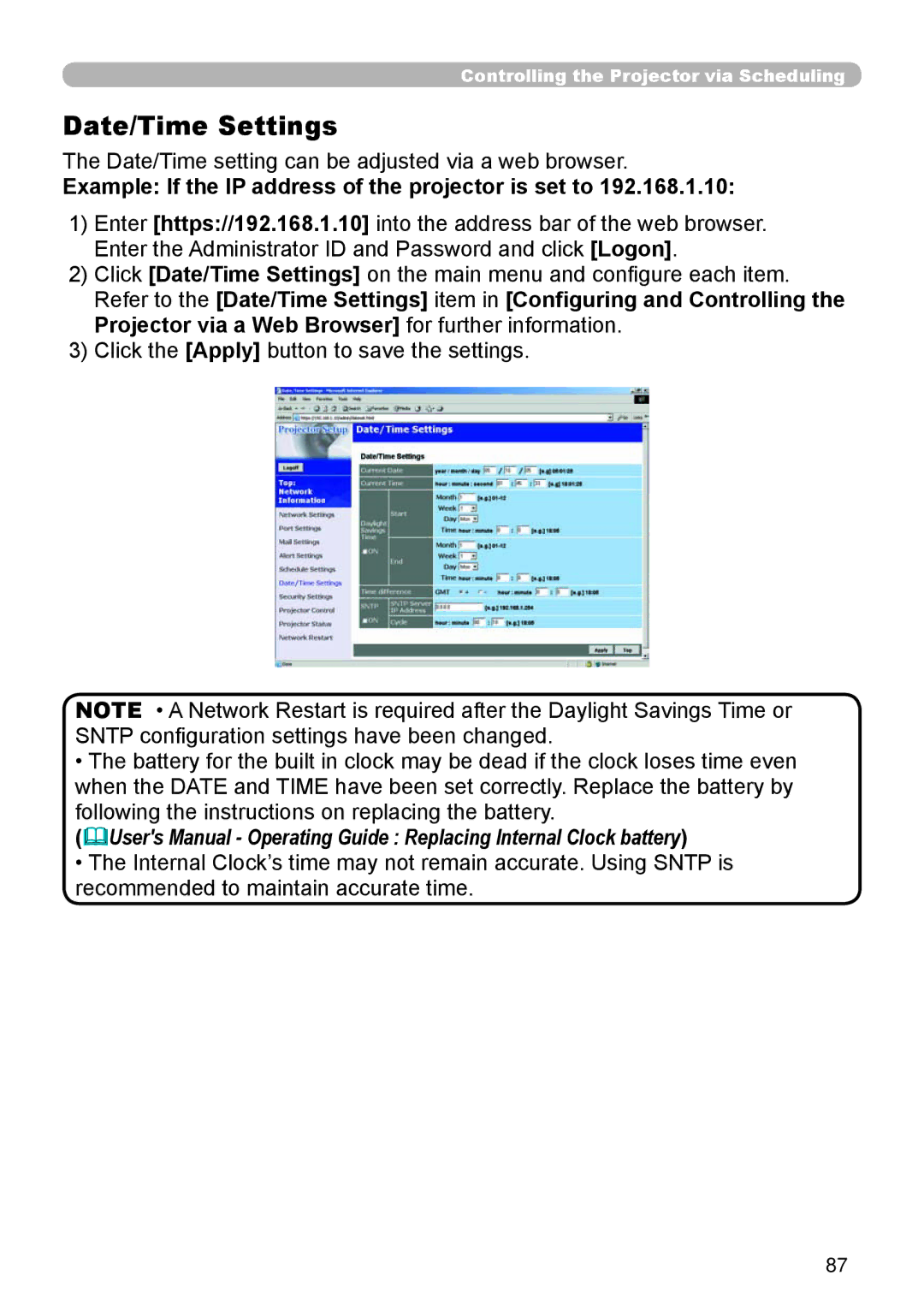 Dukane 8065, 8755D-RJ user manual Date/Time Settings 18, Date/Time setting can be adjusted via a web browser 