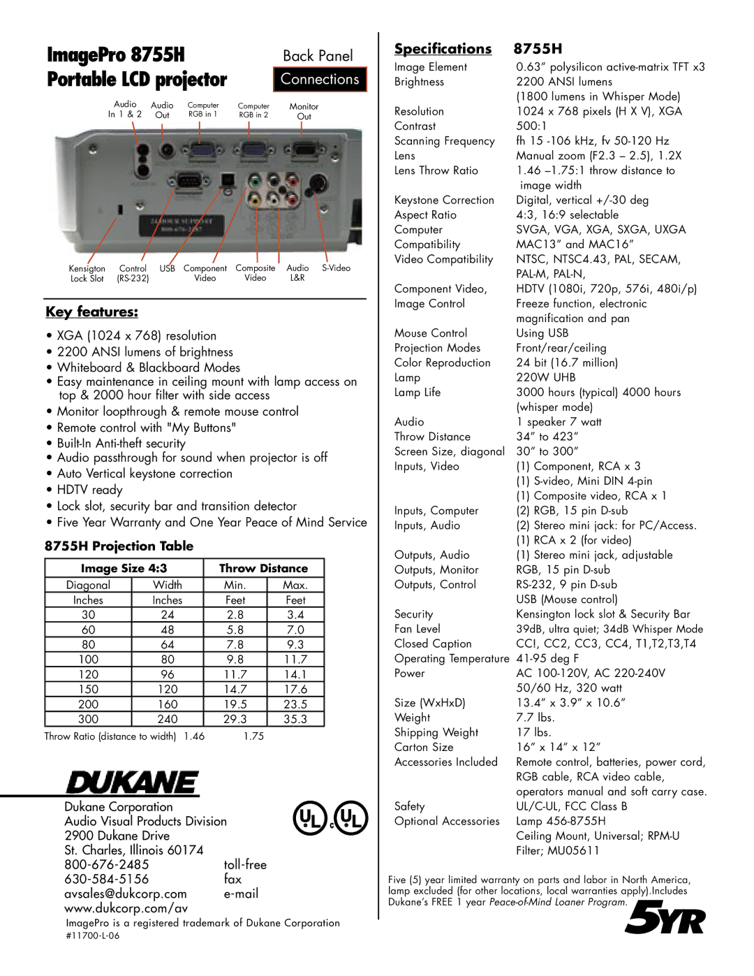 Dukane manual Key features, Specifications 8755H 