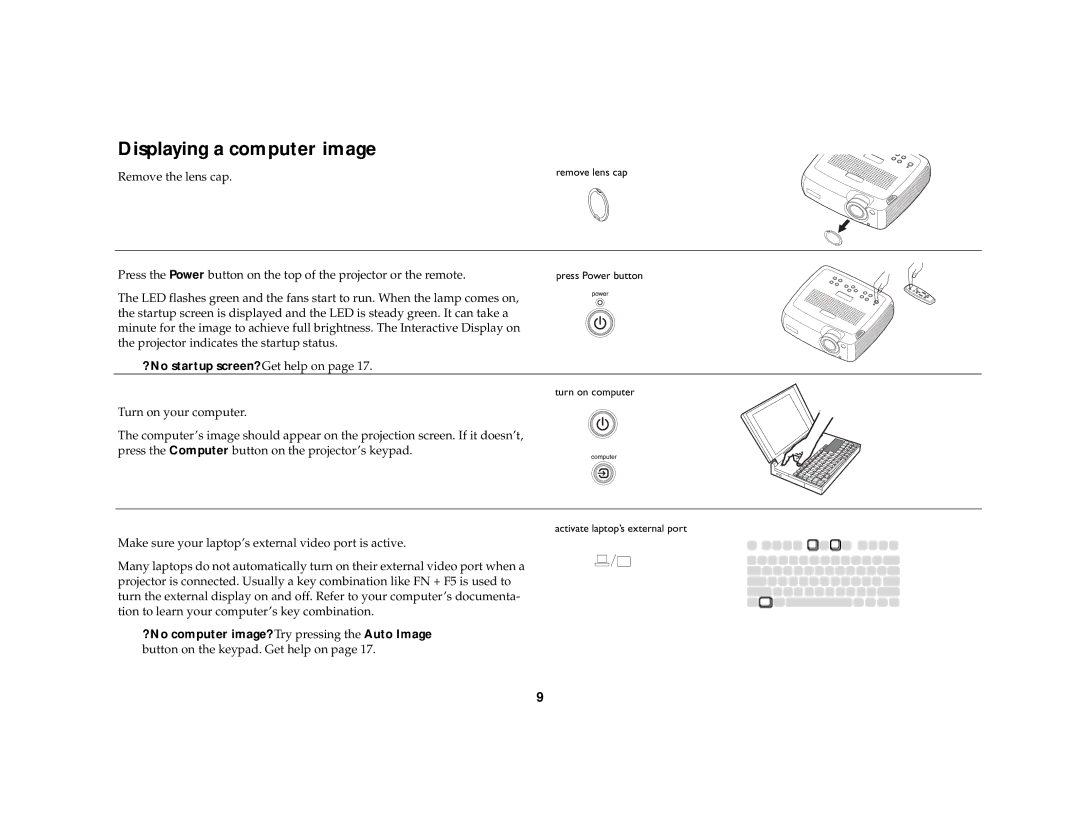 Dukane 8758, 8772 manual Displaying a computer image, ? No startup screen? Get help on 