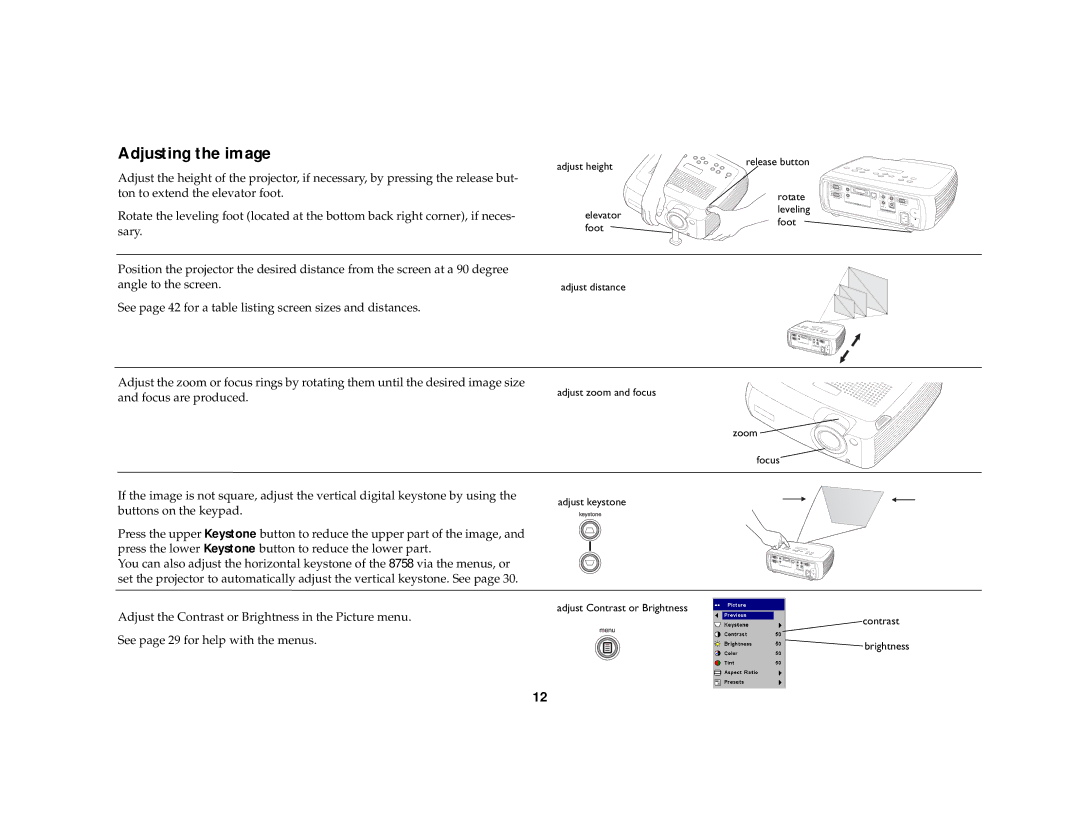 Dukane 8772, 8758 manual Adjusting the image 