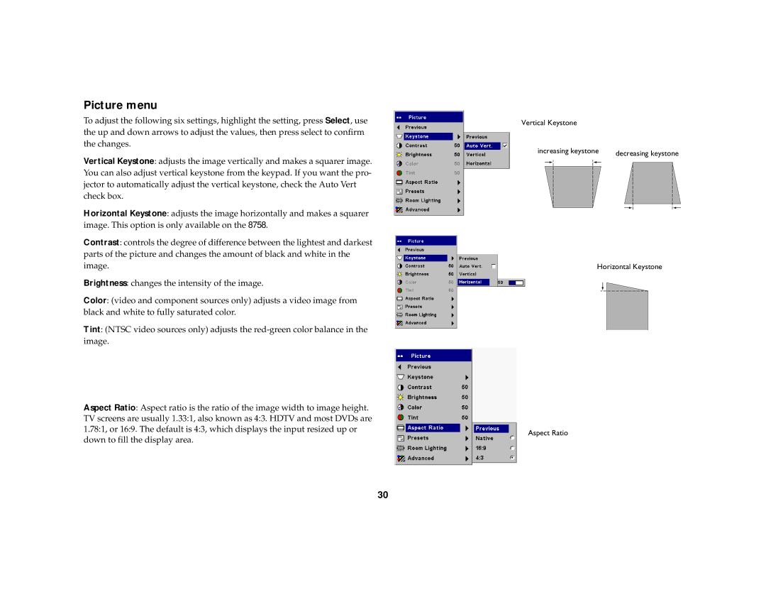 Dukane 8772, 8758 manual Picture menu 