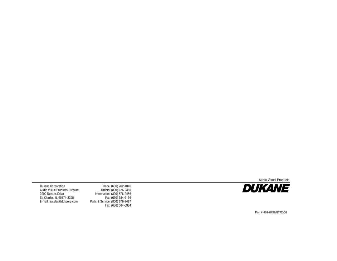 Dukane 8758, 8772 manual Audio Visual Products 