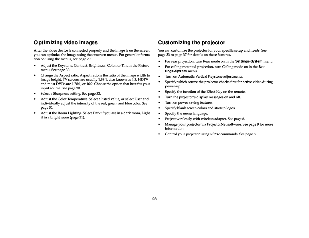 Dukane 8772, 8758 manual Optimizing video images, Customizing the projector 