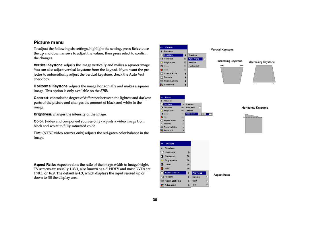 Dukane 8772, 8758 manual Picture menu 