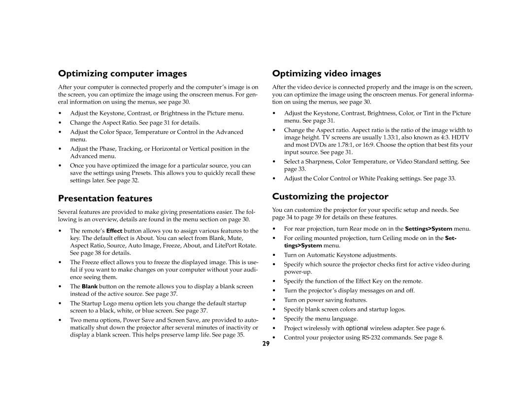 Dukane 8759 manual Optimizing computer images, Optimizing video images, Presentation features, Customizing the projector 