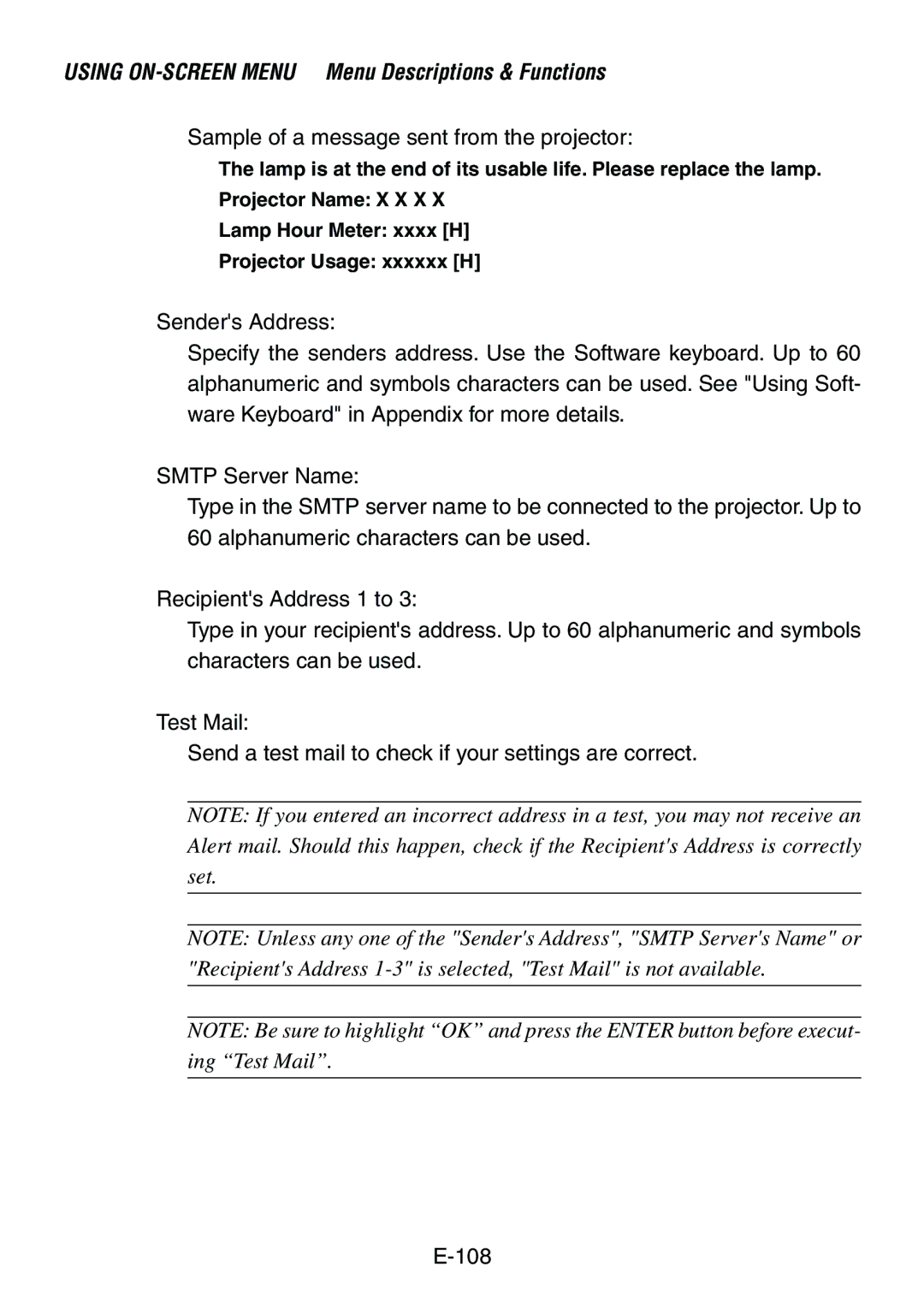 Dukane 8760, 8761 user manual Sample of a message sent from the projector 