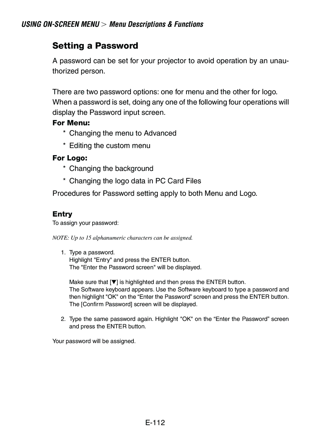 Dukane 8760, 8761 user manual Setting a Password, For Menu, For Logo, Entry 