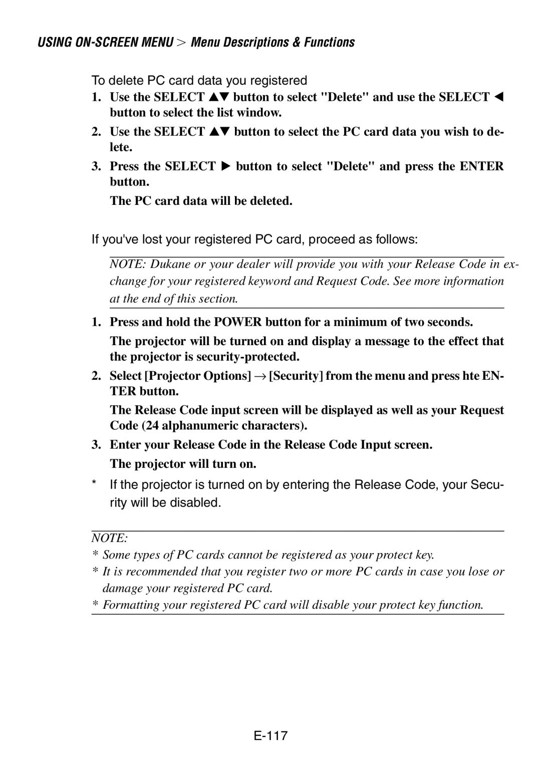 Dukane 8761, 8760 user manual To delete PC card data you registered 