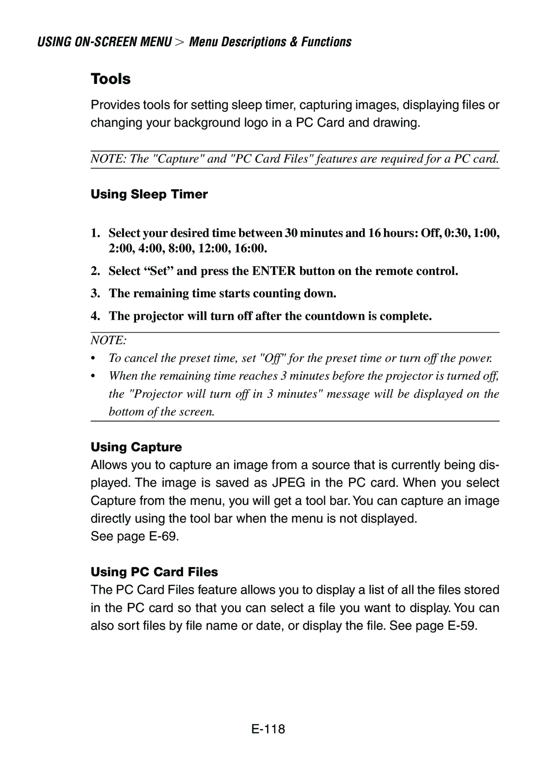 Dukane 8760, 8761 user manual Tools, Using Sleep Timer, Using Capture, Using PC Card Files 