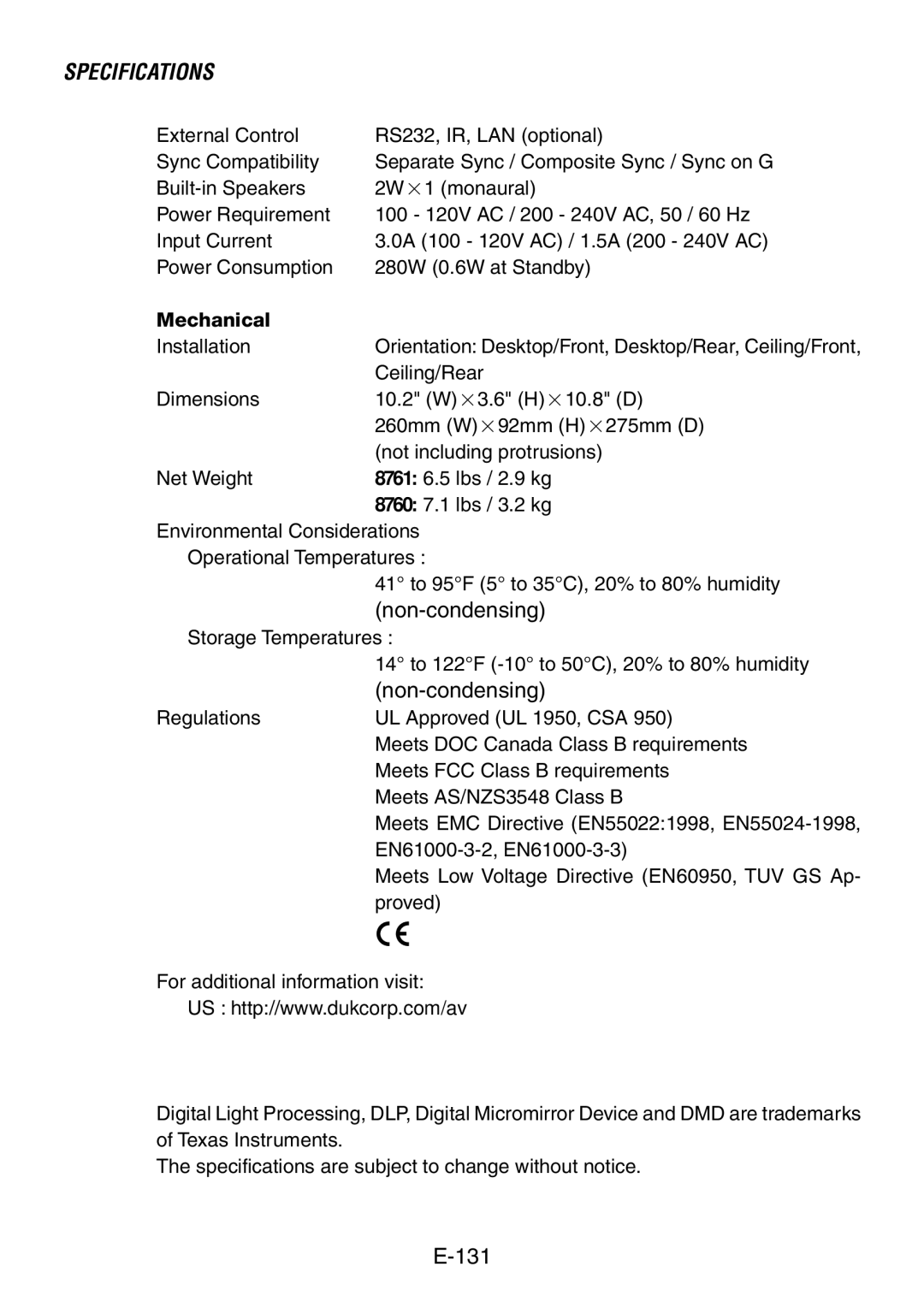 Dukane 8761, 8760 user manual Specifications 