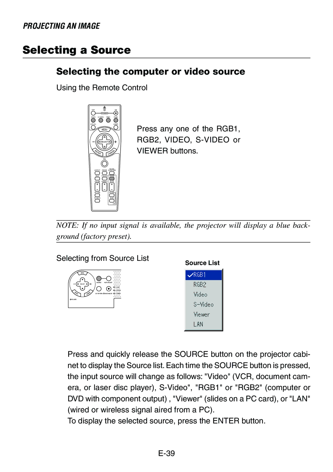 Dukane 8761, 8760 user manual Selecting a Source, Selecting the computer or video source 