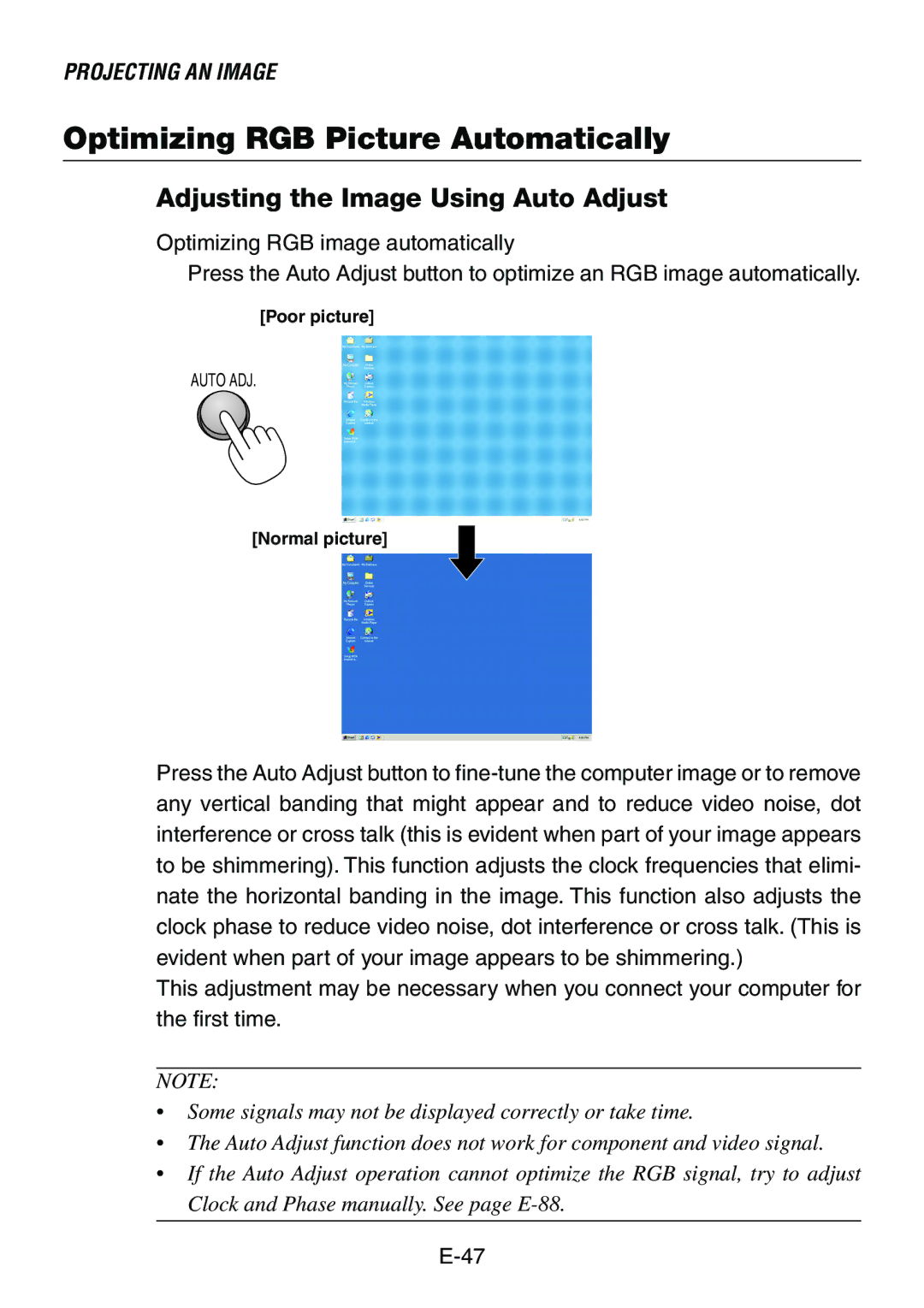 Dukane 8761, 8760 user manual Optimizing RGB Picture Automatically, Adjusting the Image Using Auto Adjust 