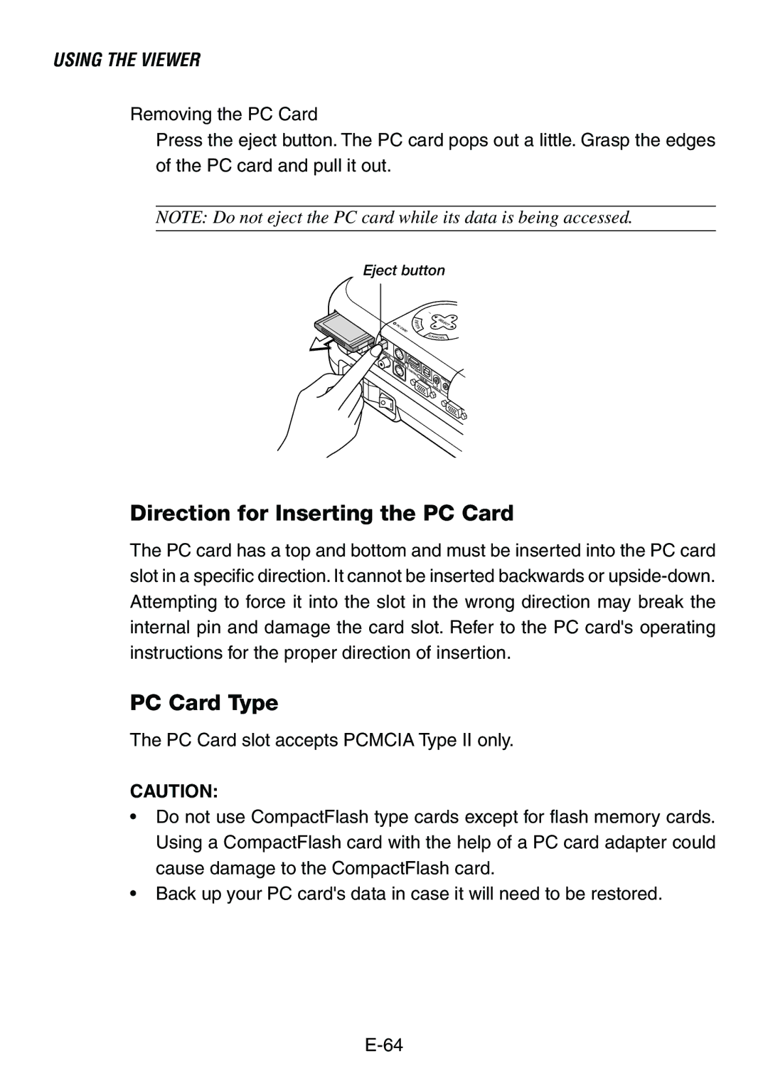 Dukane 8760, 8761 user manual Direction for Inserting the PC Card, PC Card Type 