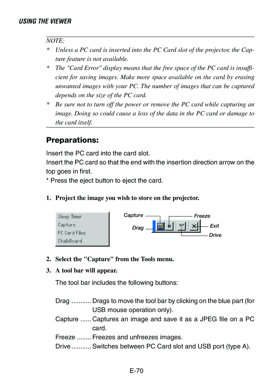 Dukane 8760, 8761 user manual Preparations, Select the Capture from the Tools menu Tool bar will appear 