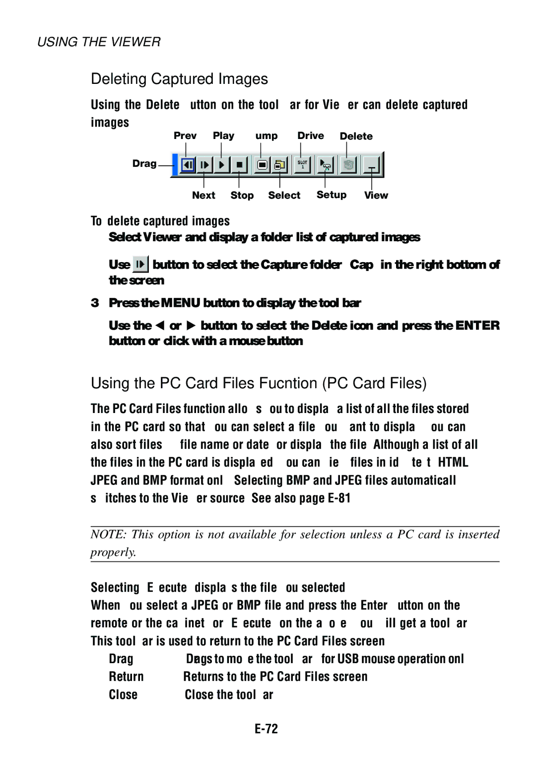 Dukane 8760, 8761 user manual Deleting Captured Images, Using the PC Card Files Fucntion PC Card Files 