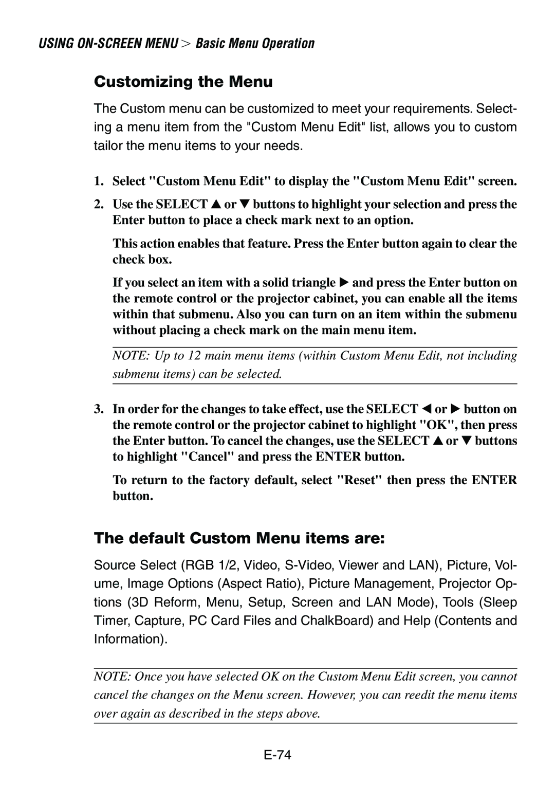 Dukane 8760, 8761 user manual Customizing the Menu, Default Custom Menu items are 