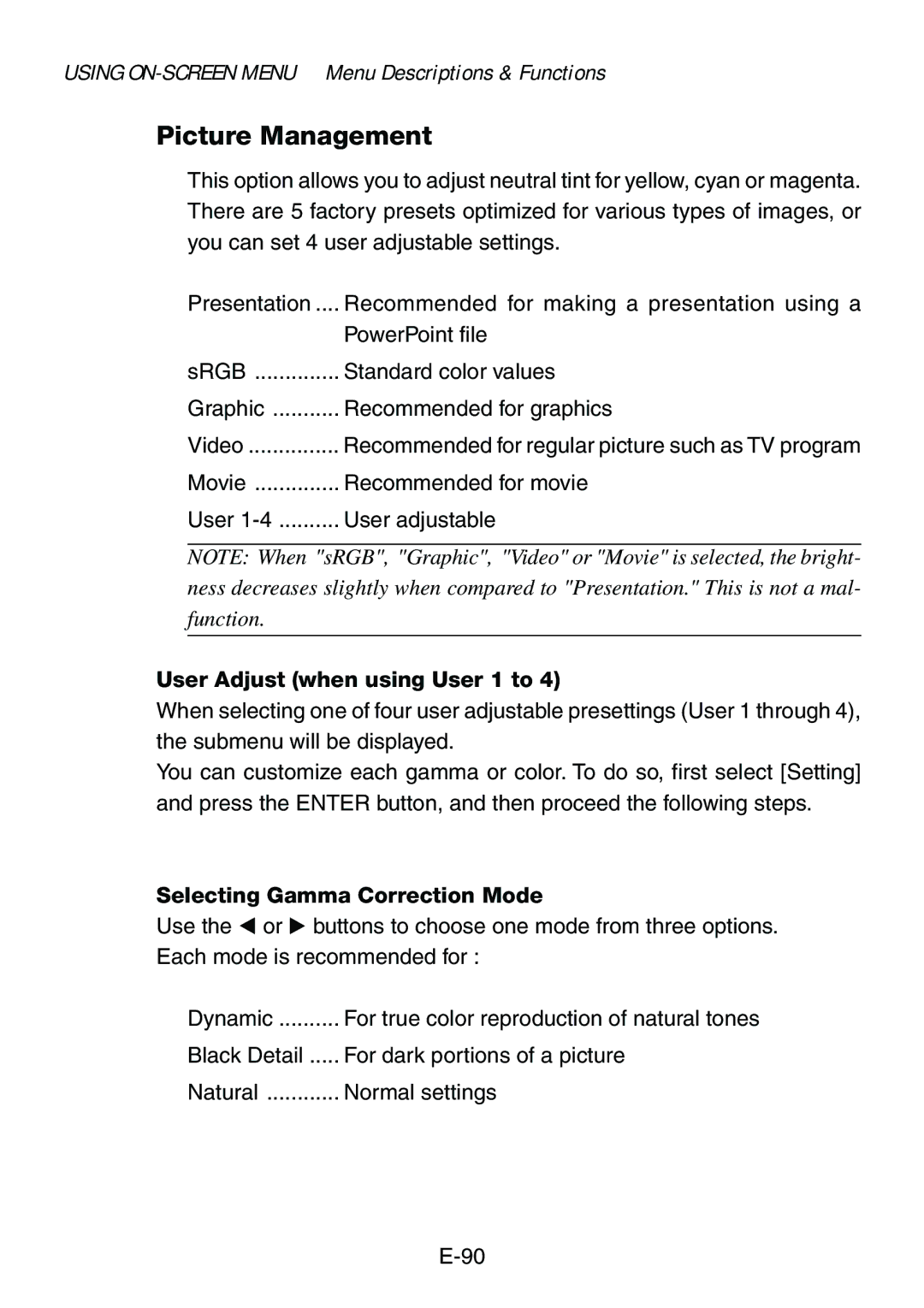 Dukane 8760, 8761 user manual Picture Management, User Adjust when using User 1 to, Selecting Gamma Correction Mode 