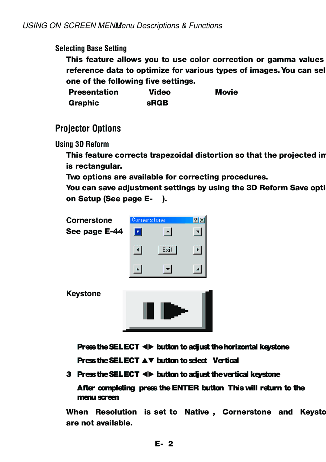 Dukane 8760, 8761 user manual Projector Options, Selecting Base Setting, Using 3D Reform 