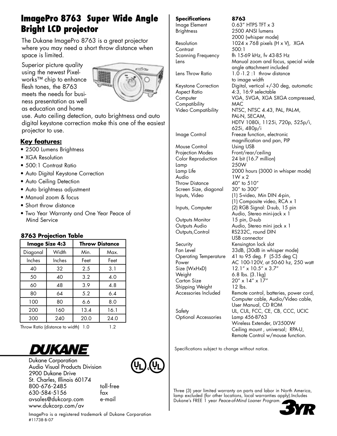 Dukane manual Image Size Throw Distance, Speciﬁcations 8763 