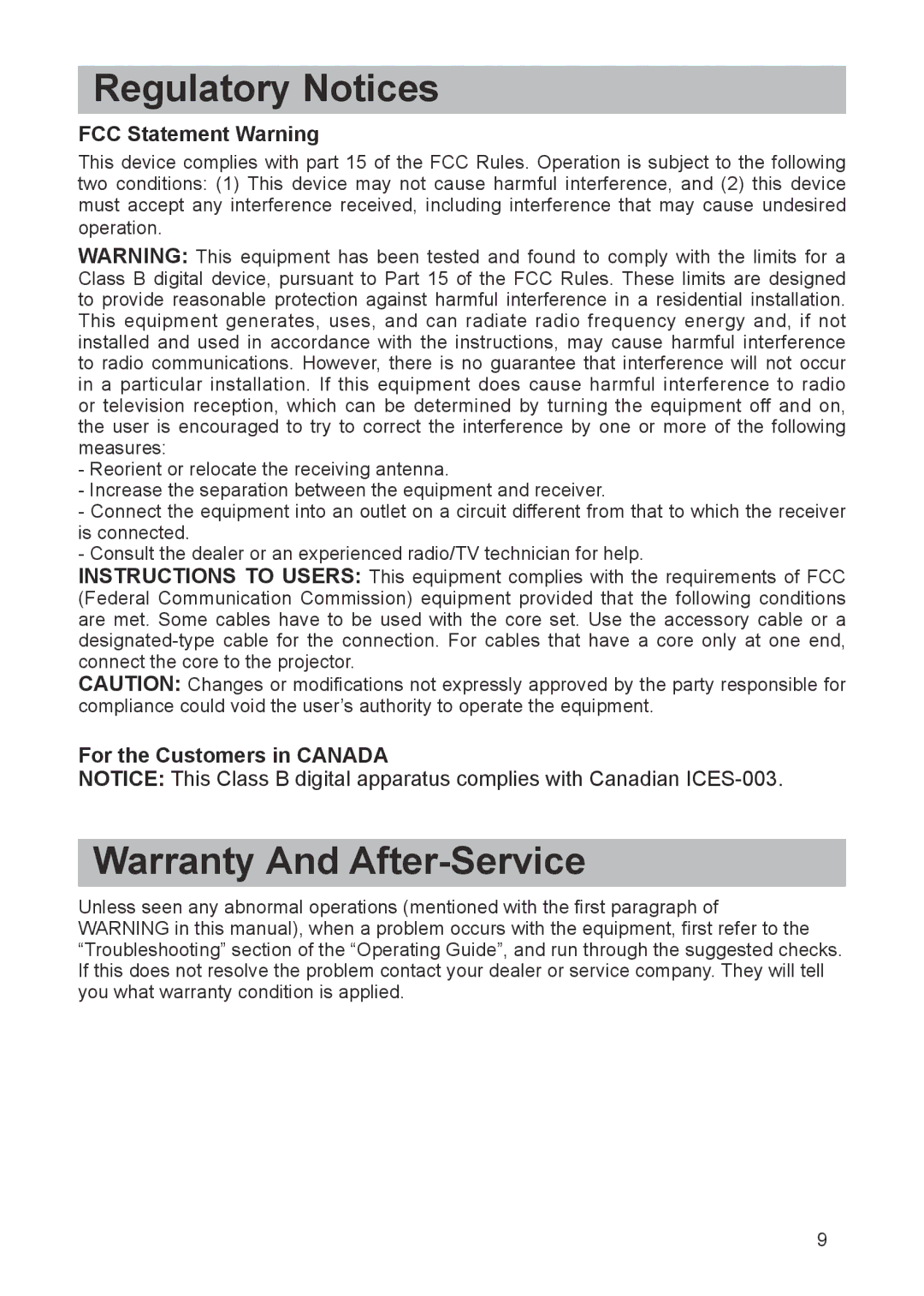 Dukane 8763 user manual Regulatory Notices, Warranty And After-Service, FCC Statement Warning, For the Customers in Canada 