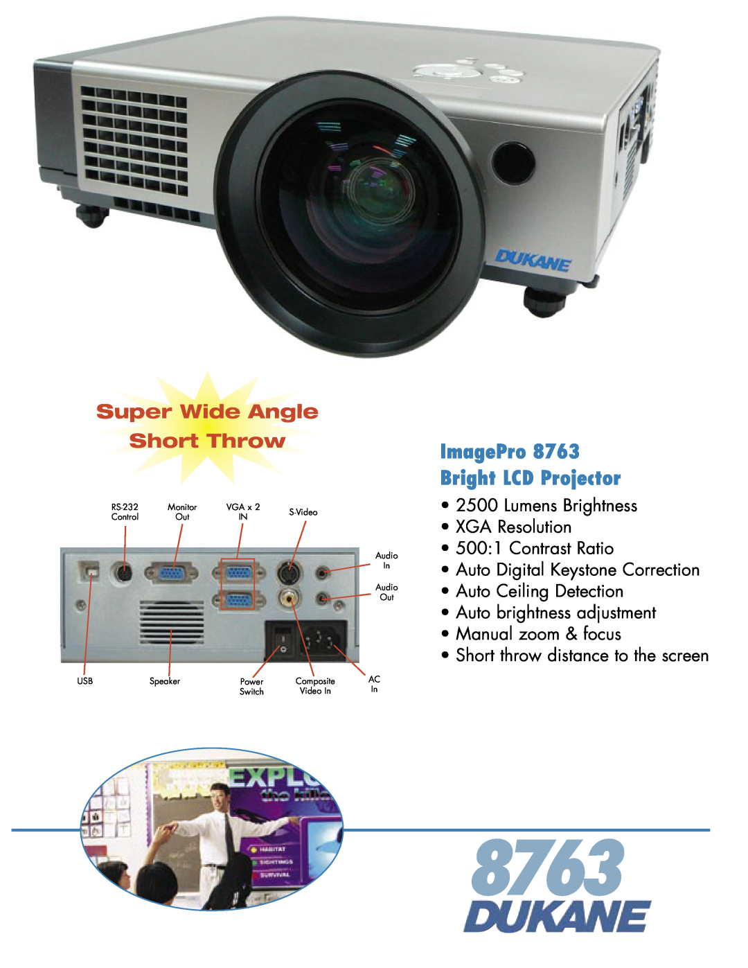 Dukane 8763 manual Super Wide Angle Short Throw, ImagePro Bright LCD Projector, Short throw distance to the screen 