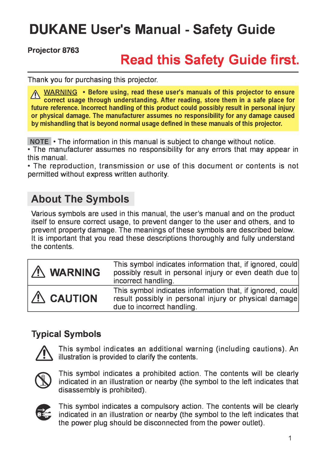 Dukane 8763 user manual DUKANE Users Manual - Safety Guide, Projector, Read this Safety Guide first, About The Symbols 